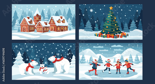 Four pixel art winter holiday scenes with festive cheer