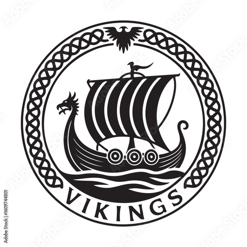 A viking ship with sails and dragon head in a celtic knot circle