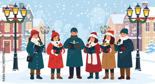 A Festive Chorus Spreading Joyful Melodies Through a Snowy Town Square