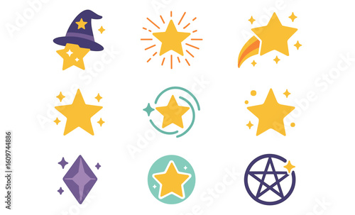 Playful star icons set with wizard hat, shooting star, and pentagram