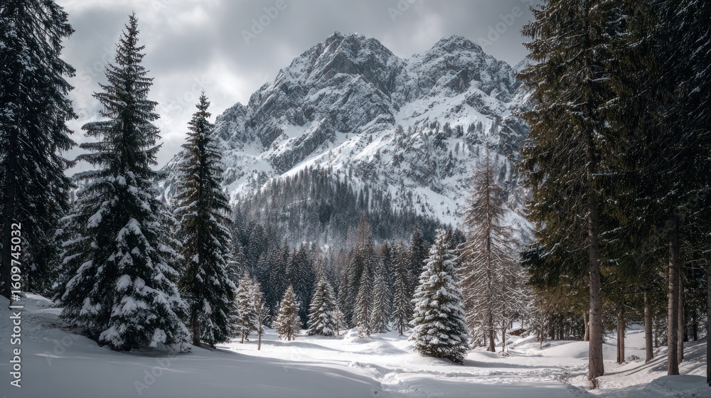 Obraz premium Snowy forest landscape with mountains
