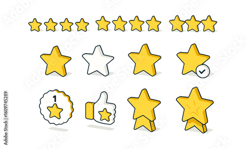 Colorful isometric star rating icons with variants for reviews and feedback