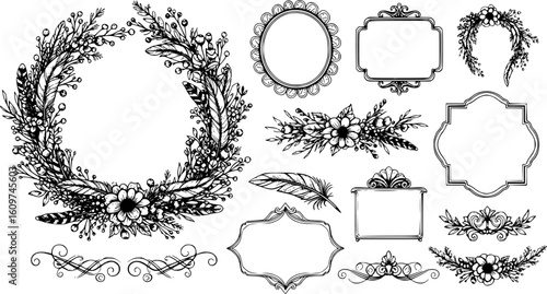 Big set with wreath, design elements, frames, calligraphic. Vector floral illustration with branches, berries, feathers and leaves. Nature frame on white background.