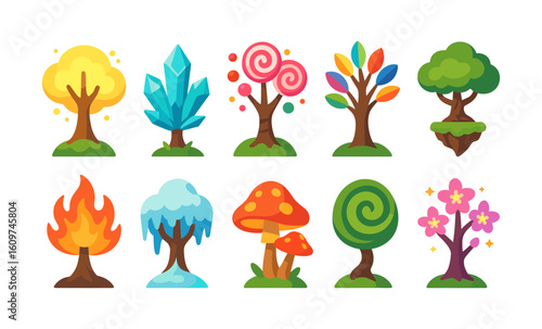 Whimsical fantasy trees in flat cartoon style for nature and fantasy themes