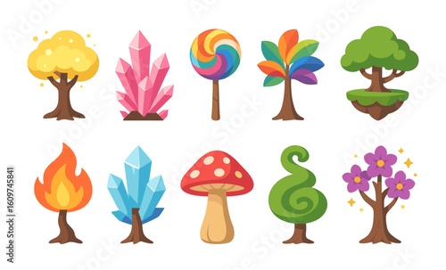 Colorful fantasy trees and elements set in vibrant cartoon style