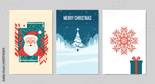 Festive holiday greetings and winter scene cards with Santa Claus and snowflakes