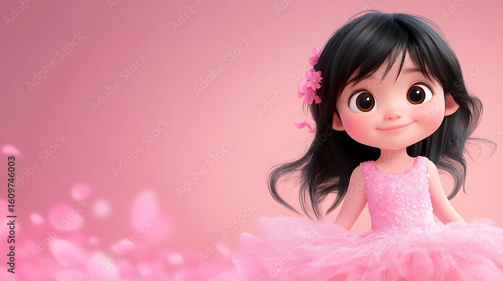 Charming illustration of a little girl with dark hair in a pink dress photo Charming illustration of a little girl with dark hair in a pink dress photo
