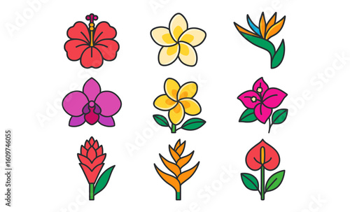 Colorful floral icons set featuring tropical and exotic blooms