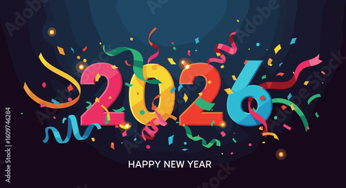 Happy New Year 2026 Festive Celebration with Confetti and Ribbons