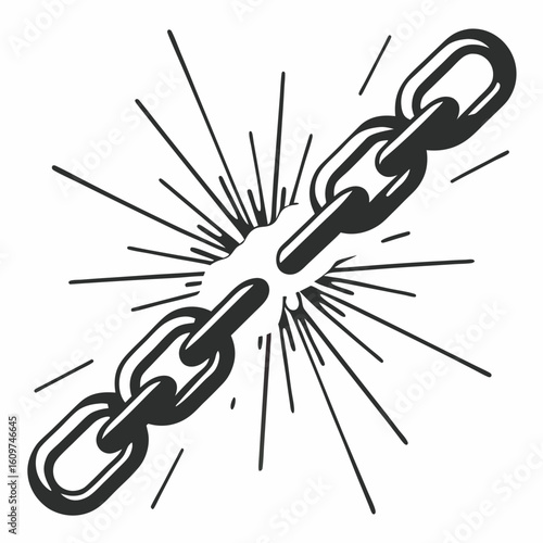 Illustration of a broken metal chain with radiating lines on a white background design element vector