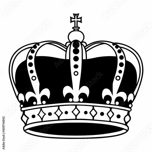 Detailed black and white illustration of a regal crown with cross and fleur de lis design elements