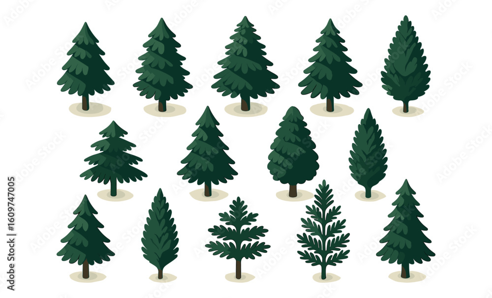 Obraz premium Collection of various stylized evergreen trees in a minimalist design on a light background