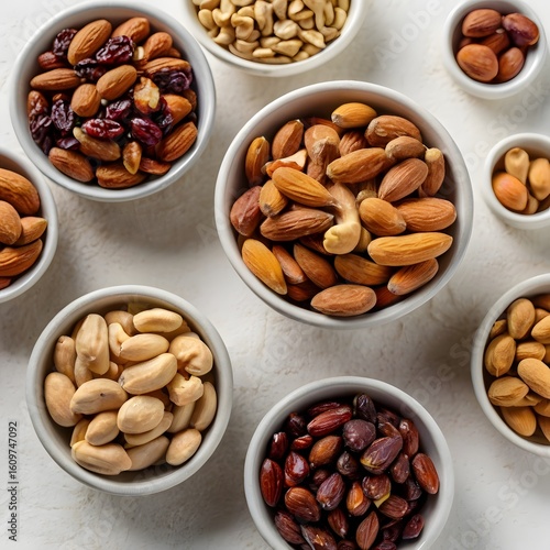 Overhead shot of assorted nuts in bowls: almonds, cashews, hazelnuts, and raisins; rustic, healthy, and appetizing.