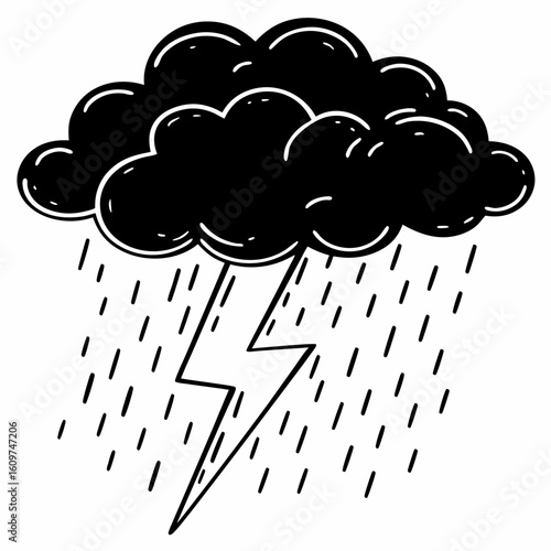 Illustration of a black cloud with rain and a lightning bolt on a white background weather concept art 1
