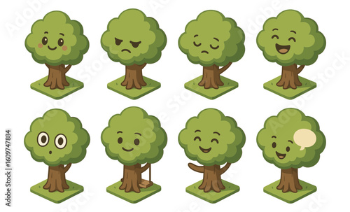 Cute cartoon trees with various expressions in a playful 3d isometric style