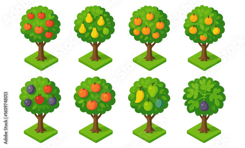 Isometric fruit trees collection: apple, pear, orange, plum, fig