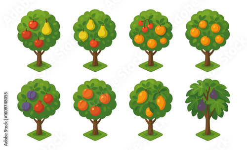 Variety of fruit trees with apples, pears, and oranges in cartoon style