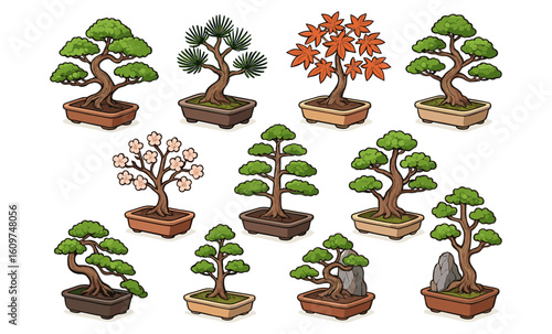 Collection of decorative bonsai trees in cartoon style