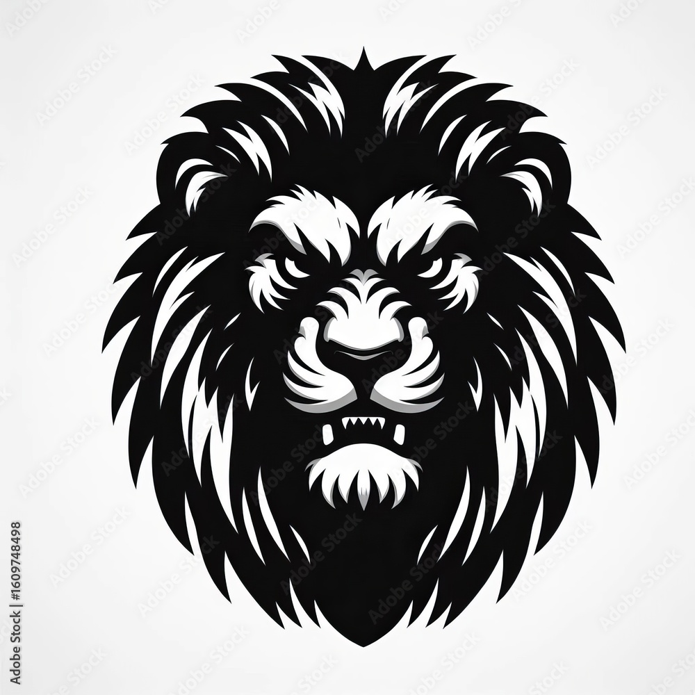 Fototapeta premium Fierce black and white lion head silhouette with detailed mane