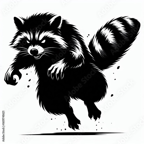 Aggressive raccoon mid leap with fierce expression and bushy tail