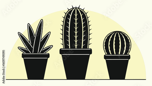 Collection of various potted house plants silhouette set in graphic illustration style black and white