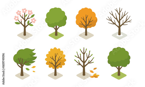Isometric trees in four seasons: spring blossom, summer green, autumn foliage, winter bare