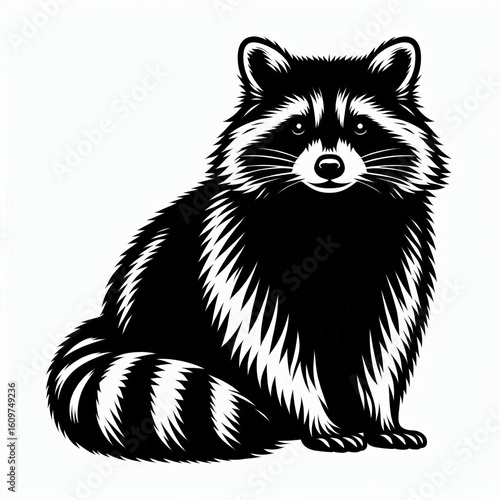 Detailed black and white illustration of a seated raccoon with striped tail