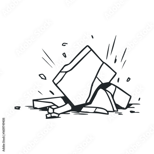 Monochrome illustration of crumbling geometric rocks with dynamic lines