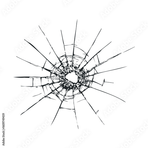 Bullet impact hole with radiating shattered glass on white background