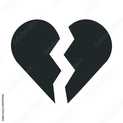 Simple black and white broken heart icon representing sadness and heartache