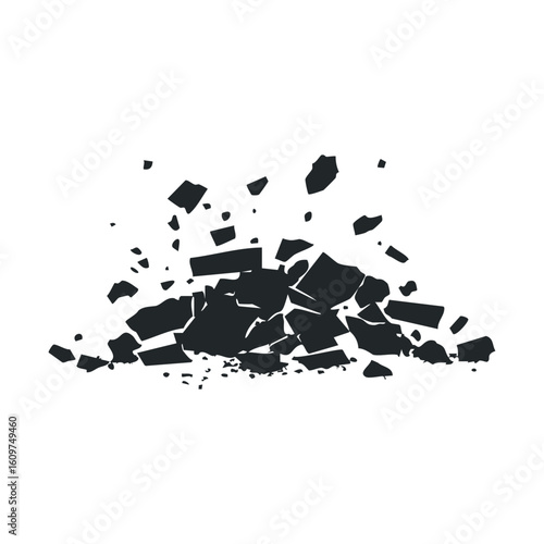 Abstract black debris on white background depicting irregular fragments explosion