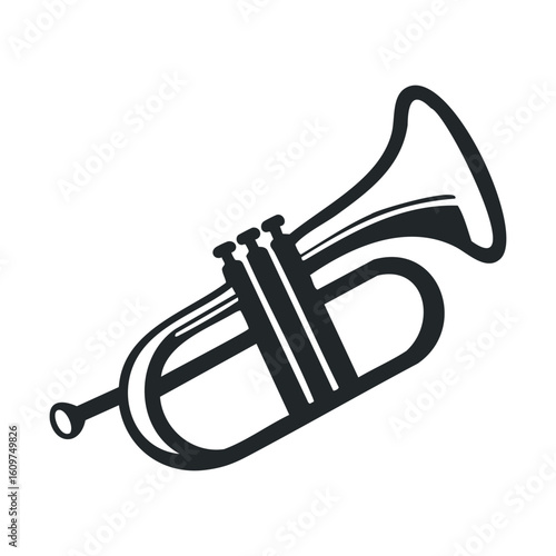 Black and white illustration of a classic trumpet with detailed valves