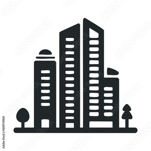 Modern urban skyline silhouette with trees