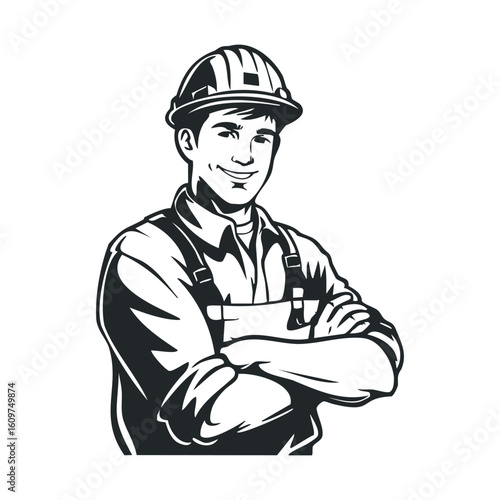 Smiling male construction worker in hard hat and overalls
