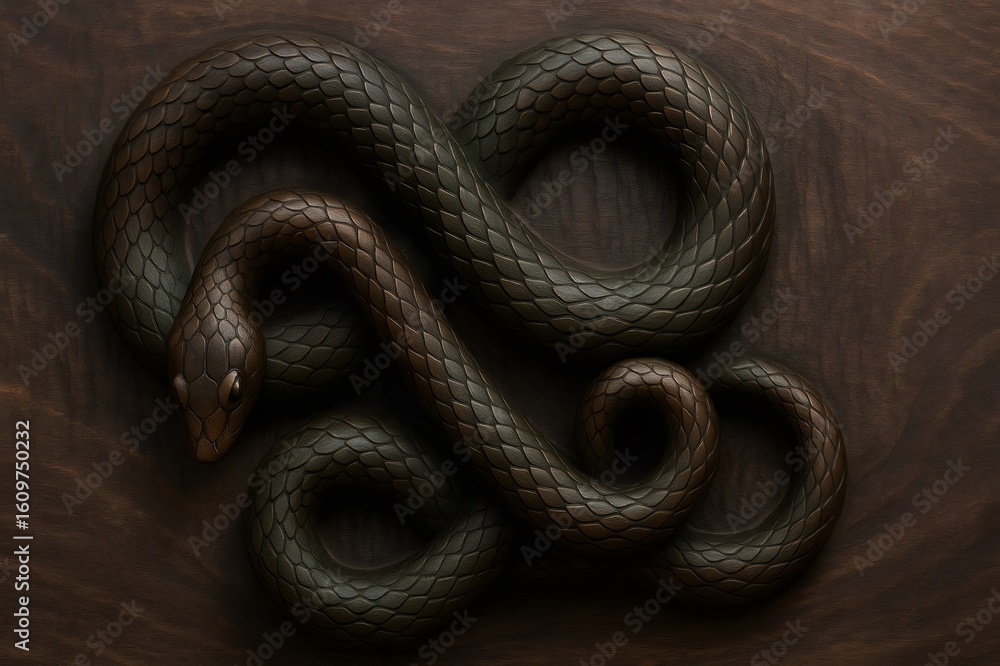 Obraz premium Intricate snake wood carving lying on wooden surface