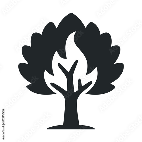 Fire and tree icon: nature conservation and safety symbol in black and white design