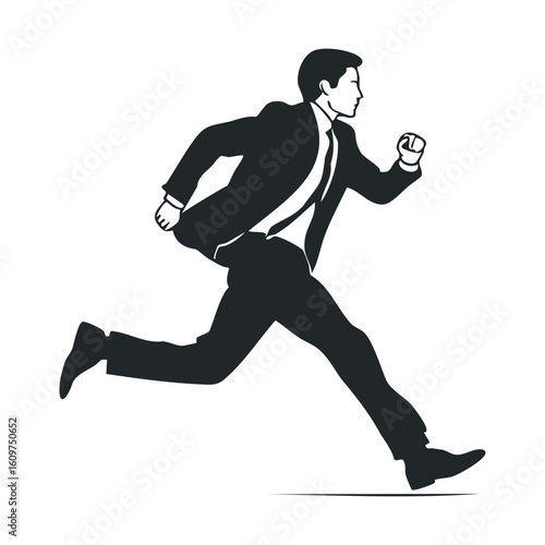 Silhouette of a caucasian male adult in a suit running energetically forward