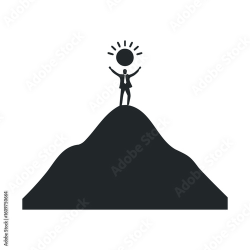 Silhouette of person reaching summit with radiating sun symbol