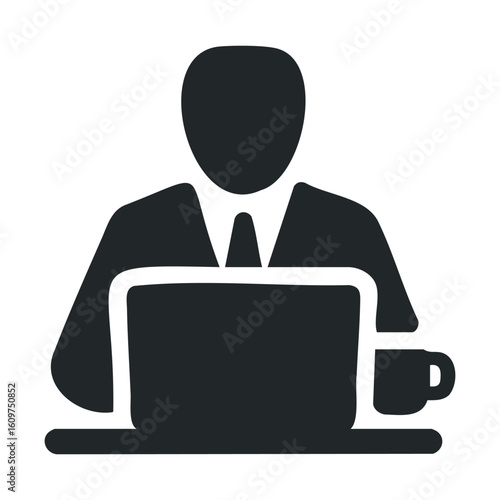 Silhouette of businessman working at laptop with coffee mug