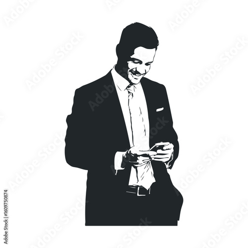 Young caucasian male in suit texting and smiling