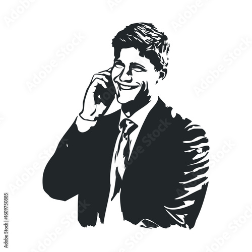 Young caucasian male businessman smiling on phone in black and white illustration