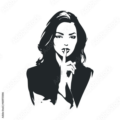 Monochrome illustration of female silhouette gesture silence with finger
