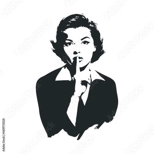 Retro female silhouette gesture: vintage caucasian young woman shushing