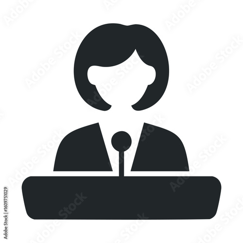 Female speaker silhouette at podium icon on white background