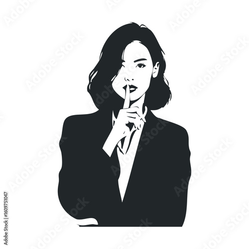 Silhouette of young asian female in gesture of silence, black and white