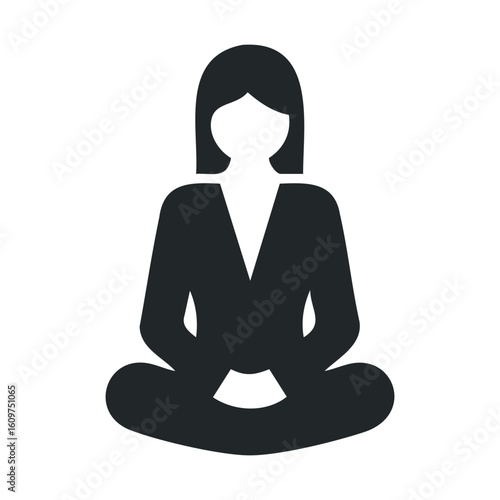 Simplified icon of female in meditation pose on white background