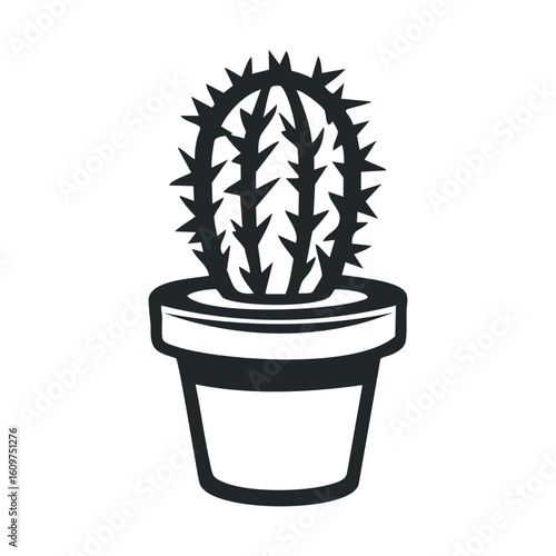 Minimalist black and white cactus illustration in pot with spiky details