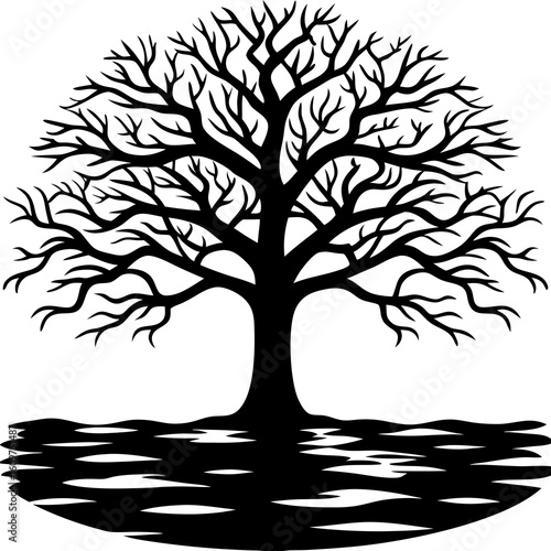 An oak tree partially submerged in a flooded field, calm water reflecting its trunk and branches, thick fog all around, haunting stillness