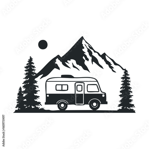 Camper van adventure in mountainous pine forest under sun - black and white illustration