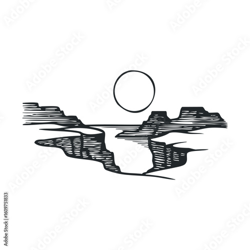 Monochrome landscape with river and cliffs under sun